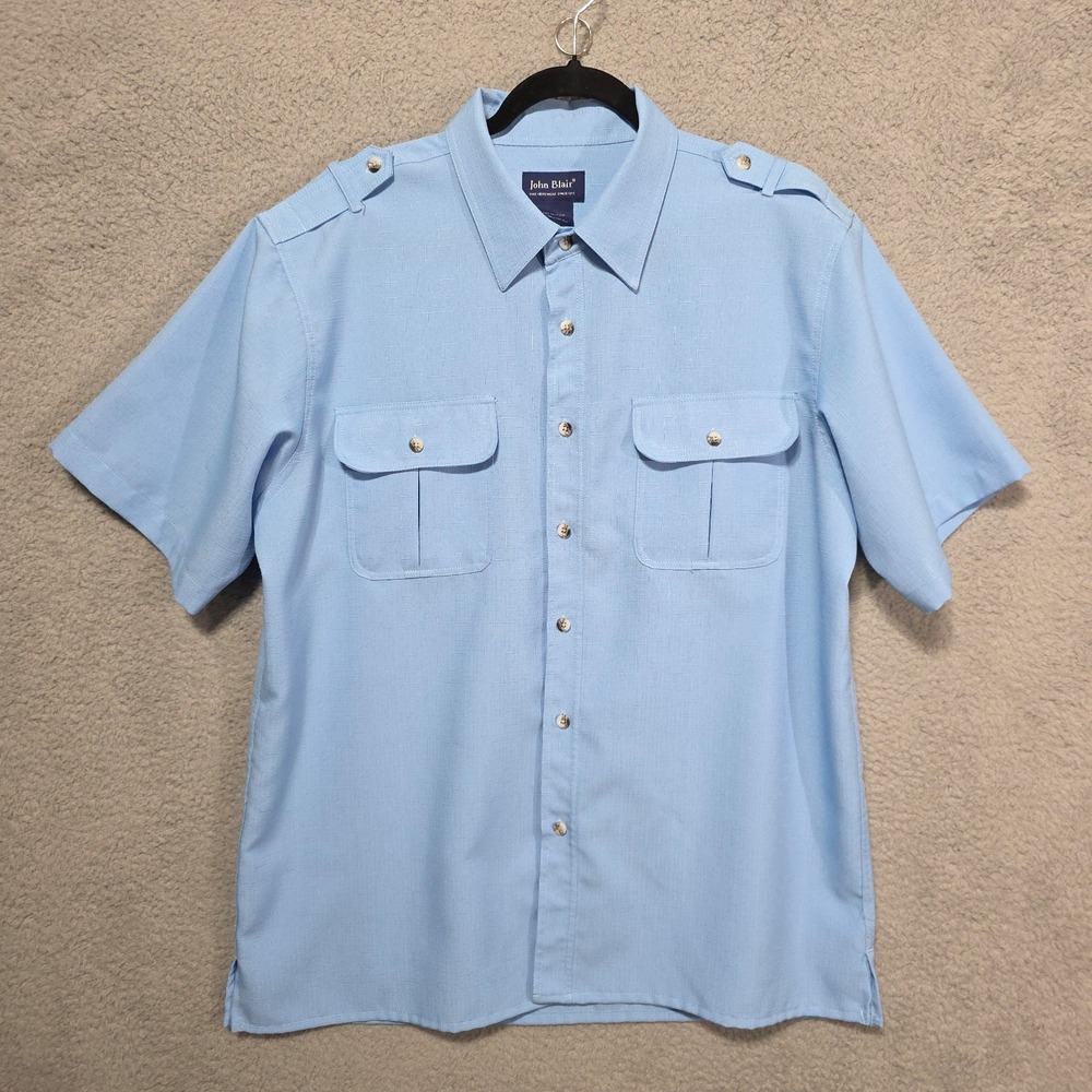 Vintage John Blair Short Sleeve Blue‎ Large Mens Shirt Bowling Dad 80s 90s